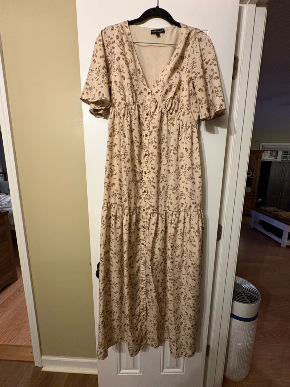 Floral Tie-Front Maxi Dress in Cream and Brown